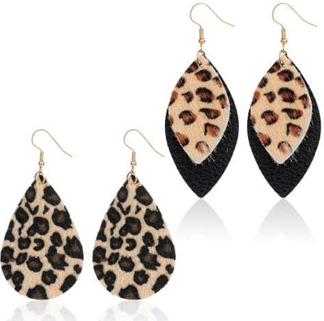 2 Paar Animal Print Ohrringer, Leoparden Ohrringe, Leo Print Earrings Damen Leo Ohrringe Women Mit Leopardenmuster Damen Leder Hängende Kostüm Vintage Jewellery für Karneval Maskeraden Cosplay