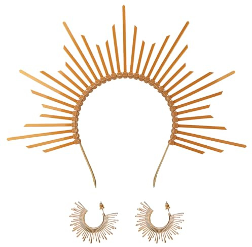 ZenithAura Sonnengöttin Heiligenschein Krone Stirnband Metall Göttin Krone Sunburst Spike Kopfschmuck Mit Ohrringen Für Damen Halloween Renaissance