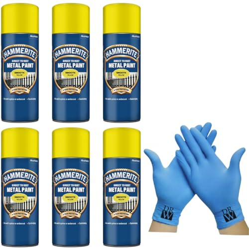 Hammerite Direct to Rust Metal Spray Paint Smooth Yellow 6X 400ml + Free Nitrile Gloves | Fast-Drying Aerosol, Durable Rust Protection for Indoor & Outdoor Metal