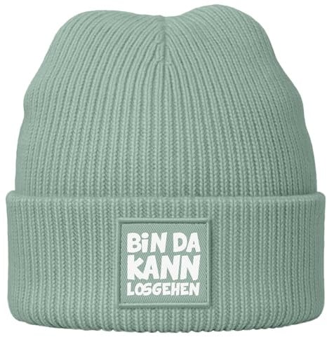 MoonWorks® Damen Beanie mit Spruch Bin da kann losgehen Statement Wintermütze Feinstricke Patch Bedruckt Streewear Accessoire