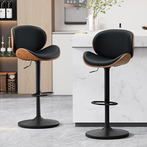 Ckaff Tabouret de Bar Lot de 2, Tabouret de Cuisine Pivotants 360° en Similicuir & Bois, Chaise de Bar Réglable en Hauteur avec Repose-Pieds et Dossier pour Cuisine, Salle à Manger, Bar, Noir
