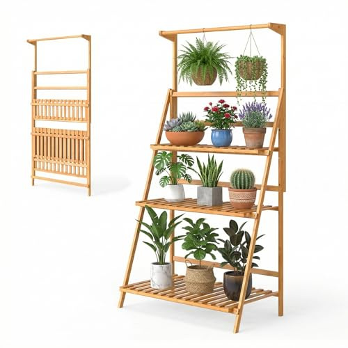 GYMAX Étagère à Plantes 3 Niveaux en Bambou, avec Tige de Suspension Réglable en Hauteur, Porte Pot de Fleurs Pliant Idéal pour Balcon, Terrasse, Salon, Naturel, 71 x 40 x 120-144 cm