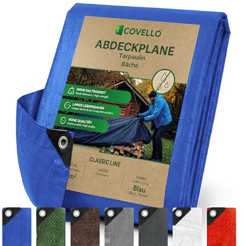 Covello Abdeckplane 5x6m, 90g/m² Plane Wasserdicht Gewebeplane Blau | Plane mit Ösen, Schutzplane, Reißfeste und UV-stabilisiert, Universal Tarpaulin Ideal für Gartenmöbel, Pool, Auto, Holz, Boot