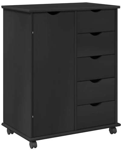 vidaXL Rollschrank Mit Rad Schwarz 63,5 x 39 x 79 cm Massivholz Kiefer, Studienregal, minimalistisches Design, viel Stauraum, rollbare Regale, Büroorganizer, Holzschubladeneinheit