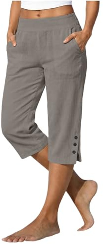 Generisch Caprihose Damen 3/4 Hose Lockere Sommerhose in Leinenoptik Elastischer Bund Freizeithose mit Taschen Gerade Schnitt Seitenschlitz Knöpfen Strandhose für Alltag Strand Urlaub