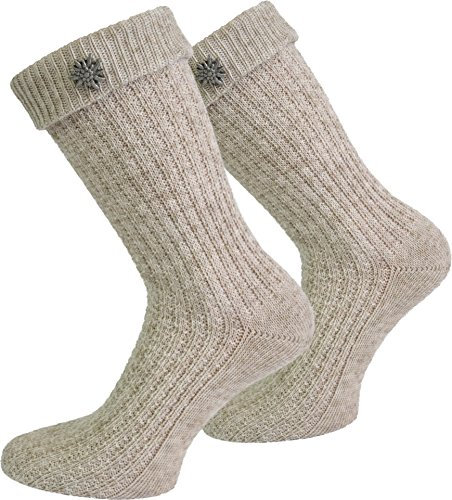 normani Oktoberfest Trachtensocken Kniebundhosenstrümpfe Natur mit Leinen Farbe Naturmelange mit Edelweiß-Anstecker Größe 39/42
