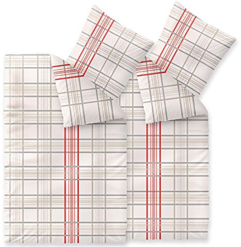 CelinaTex Enjoy Bettwäsche 135 x 200 cm 4teilig Baumwolle Bettbezug Seersucker Bille Kariert Beige Rot Grau