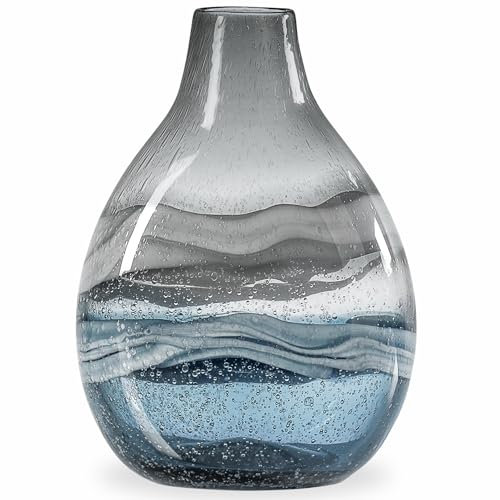 Torre & Tagus Andrea Vase en Verre soufflé à la Bouche pour décoration d'intérieur – Grand Vase en Verre Bleu de 28 cm de Haut pour Centre de Table, vases Bleus Faits à la Main pour décoration de