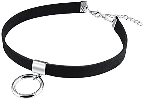 PAURO Damen Velvet Silber O Ring Charm Choker Halskette Classic Schwarz Ribbon Kragen