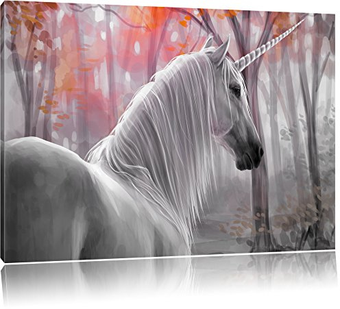 Pixxprint Einsames Einhorn im Wald, Größe: 100x70cm, Leinwandbild, fertig gespannt, Wandbild, Dekoration, Kunstdruck, kein Poster