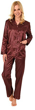 Damen Satin Pyjama Schlafanzug in edler Optik zum durchknöpfen - 191 201 94 002, Farbe:Bordeaux, Größe2:48/50
