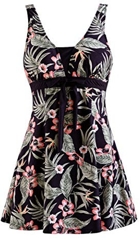 Wantdo Femme Maillots de Bain Une Pièce Robe pour Natation Sportif Impression Élasticité Imprimé Fleur Col en V Taille Plus Cache-Ventre Bretelles Larges Rembourré,Fleur de Mer(2),EU52-54/ UK 24-26