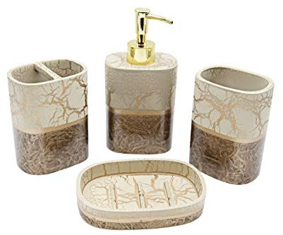 Marina Decoration Luxuriöses, modernes Dekor, 4-teiliges Badezimmer-Zubehör-Set, inklusive Seifenspender, Pumpe, Zahnbürstenhalter, Zahnputzbecher und Seifenschale, Leoparden-Zweig-Stil