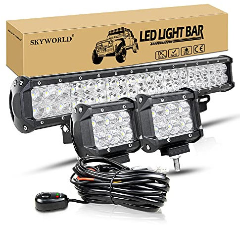 SKYWORLD LED-Flutlicht, zweireihig 50,8 cm 126W 10-30V wasserdicht, für Geländewagen 4x4 + 2 x 18W 10,2 cm Flutlicht LED-Pods Arbeitsleuchte mit Kabelbaum, Kit