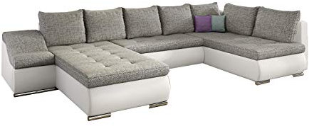 MOEBLO Ecksofa mit Schlaffunktion mit Bettkasten Couch U-Form Polstergarnitur Wohnlandschaft Polstersofa mit Ottomane Couchgranitur - JORMANI U (Hellbeige+Weiß (Berlin 01+ Soft 17), Ecksofa Links)