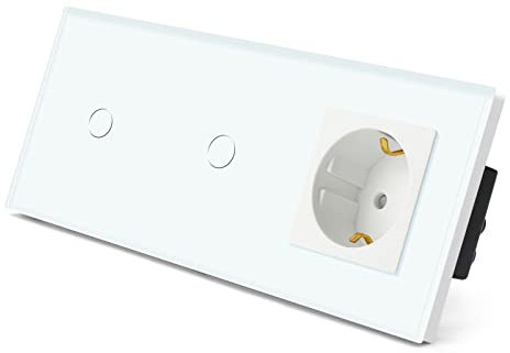 BSEED Double 1 Fach 1 Weg (Neutralleiter Erforderlich) 110V-250V WIFI Alexa Schalter mit 16A Steckdose Glasscheibe Google Stimme für Zuhause und Büro Weiß