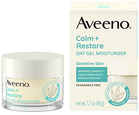 Aveeno Calm + Restore Oat Gel Gesichtspflege für empfindliche Haut, leichte Gel-Creme Gesichtspflege mit prebiotischem Hafer- und Fieberflege, hypoallergen, parfüm- und parabenfrei, 50 ml