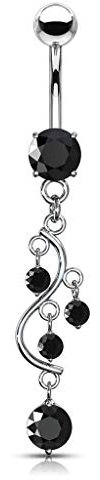 Paula & Fritz® Bauch-nabelpiercing Chirurgenstahl Wein-Rebe Anhänger Zirkonia 10-mm Stab-länge Silber Schwarz Banane Bauch-Piercing Bananabell Nabel
