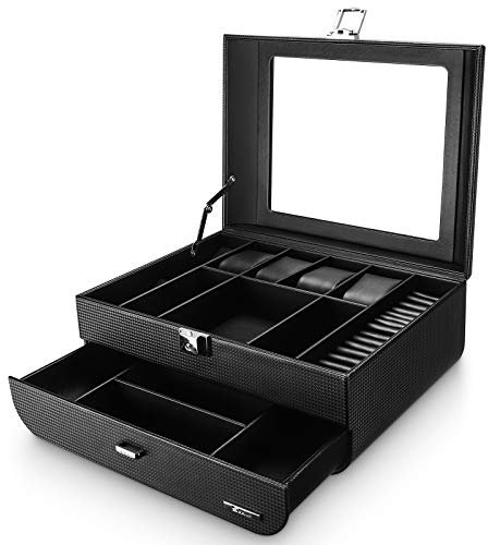 Seelux Uhrenbox Herren Uhren Aufbewahrungsbox mit Glasdeckel, abschließbar Schmuckkästchen Uhrenkoffer für Schmuck Ringe Broschen Brille, Geschenk für Männer Ehemann Freund, Schwarz