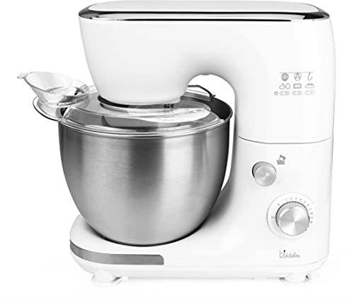 Bkitchen Mix 800 Robot de cuisine, pétrisseur, pâte, avec clé mélangeur en acier inoxydable de 5 l, kit de pâtisserie 3 pièces et protection anti-éclaboussures, 800 W, blanc