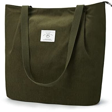 KALIDI Wasserdicht Cord Tasche mit Reißverschluss,Tote Bag Damen Groß Shopper Handtasche Große Kapazität Umhängetasche für Arbeit Büro Reisen Einkaufen Schule und Alltag,Grün