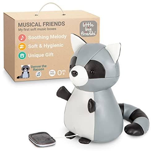 Little Big Friends Musical Friends | Musikalisches Schnurzug-Spielzeug für Babys | Besonderes Stofftier | Leicht zu reinigen | hypoallergen | Denver der Waschbär