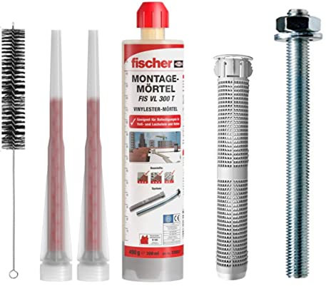 Fischer Schwerlastbefestigungs Set 4 Stück M12x120 FIS Ankerstange verzinkt + 4 Stück Siebhülse + 1 Stück Montagemörtel mit Statikmischer + BTG Bürste