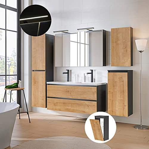 Lomadox Badezimmer komplett Set mit LED Spiegelschrank in anthrazit mit Hamilton Eiche Nb., B/H/T: ca. 230/200/46 cm