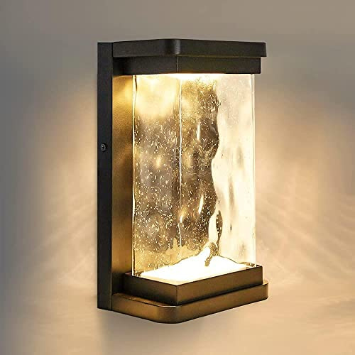 LUTEC Outdoor Wall Lights Dusk to Dawn Porch Light, Modern Porch Light with Seeded Glass, 1000 Lumen 3000K 45 LED Outside Wall Lantern-Black