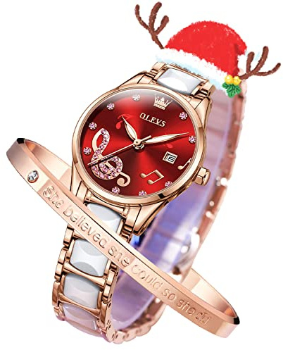 OLEVS Women Watches Rose Gold Elegant Dress Ladies Watch Diamond Ceramic Quartz Date Waterproof Luminous Female Wrist Watches Valentine's Day Present, wine red - musical note, Elegant