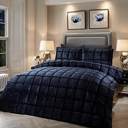 Soiree - Luxury Navy Blue Velvet Duvet Cover - King Bedding Size (230 x 220cm) - 2x Pillowcases - Box Stitched Duvet Cover in Blue - Blue Velvet Bedding - Square Duvet Set - Navy Blue Bedding