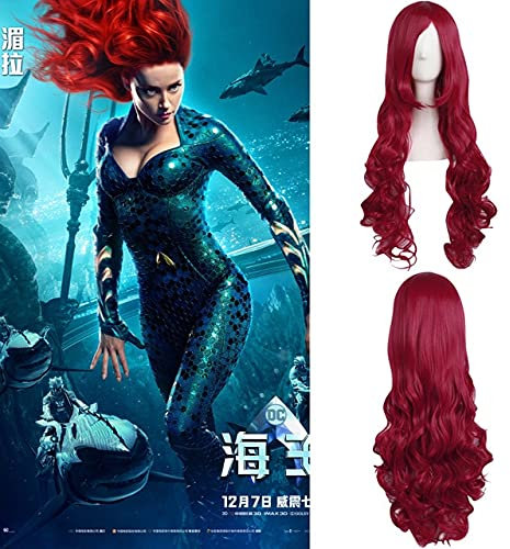 80 cm Film Aquaman Mera Cosplay Perücke Damen Mera rot gewellt langes Haar Perücke Mera Kostüme mit gratis Haarkappe