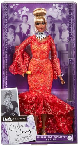 Barbie Signature - Serie Inspiring Women Celia Cruz La Regina della Salsa, bambola da collezione con abito in pizzo rosso, acconciatura glamour e gioielli, giocattolo per bambini, 6+ anni, HJX31