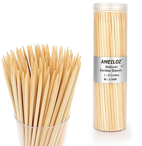 8 Bamboo Wooden Skewers for BBQ, Kebob, Appetizer, Fruit, Sausage, Chocolate Fountain, Natural Wood Barbecue Kabob Skewer Stick, Organic Food Sticks for Grilling, Kitchen (Φ=4mm Thick, 100PCS)