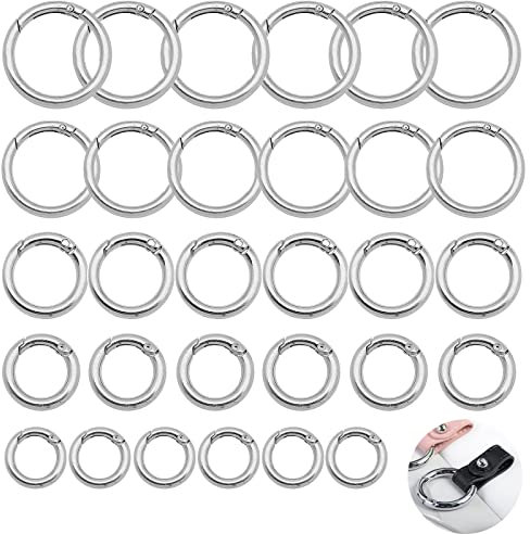 30 Stück Rund Karabinerhaken, O-Ring Federöffnung Taschenringe Schlüsselanhänger, 5 Verschiedene Größen Runder Kleiner Karabiner, Frühling Sprung Ringe für Schlüssel Organisation und DIY, Silber