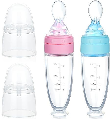 Aolso Silikon-Babynahrungs-Spenderlöffel, 2pcs Baby Löffel Flasche Squeeze Feeder, Säuglingsfrucht-Squeeze-Feeder, Kinder Silikon Flasche, Kleinkinder Jungen Mädchen (Blau+Rosa)