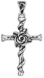SUGARKITTEN LONDON Sterling Silver Oxidized Solid 3D Rose Thorn Cross Christian Necklace Pendant Charm