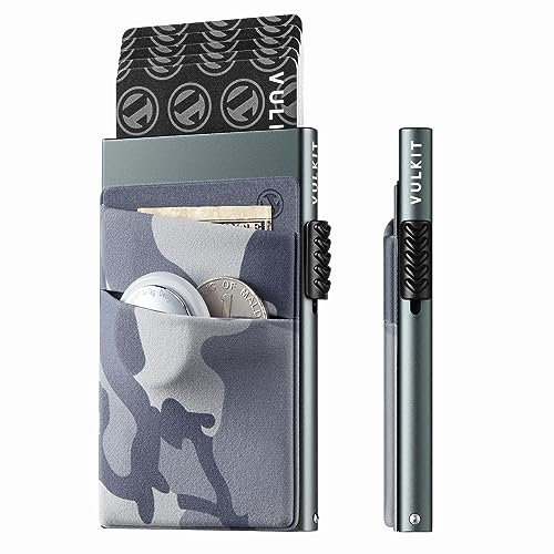 VULKIT Porte-Cartes de Crédit Aluminium Blocage RFID, Portefeuille Automatique de Cartes Pop Up avec 2 Poches pour espèces, pièces et Airtag, Gris