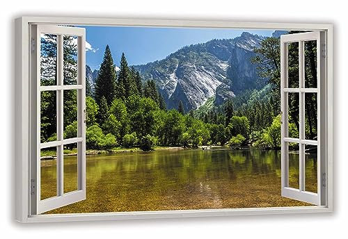 HUBDECO Leinwandbild Fensterblick Waldberge Bild 120x80 cm - Landschaftsbilder auf Leinwand - Wandbilder Wohnzimmer - Bild Fenster mit Ausblick - Aesthetic Room Decor - Wanddeko Schlafzimmer