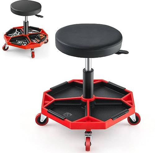 COSTWAY Rolling Mechanic Stool, Height Adjustable Swivel Pneumatic Roller Creeper Seat with Wheels & Tool Tray, 150kg Capacity Garage Workshop Padded Chair (Black+Red)
