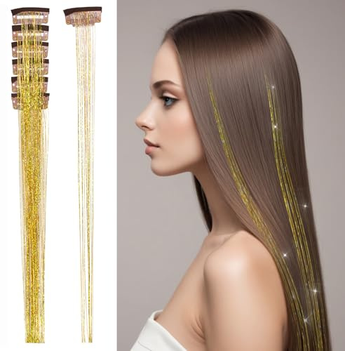 6 Stück Glitzer Haarsträhnen Lametta 20.5 Zoll Clip in Hair Tinsel Haarverlängerungen Glitzer Zubehör für Damen Haar Styling Fest Party Geschenk (Gold)