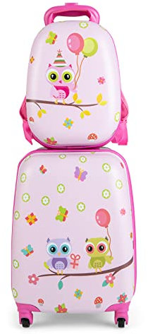 DREAMADE 2 TLG. Kinderkoffer & Rucksack, 16” +12” Kinderkofferset, Kindertrolley Kindergepäck, Handgepäck Reisegepäck Hartschalenkoffer für Kinder (Pink-Eule, 16 Zoll +12 Zoll)