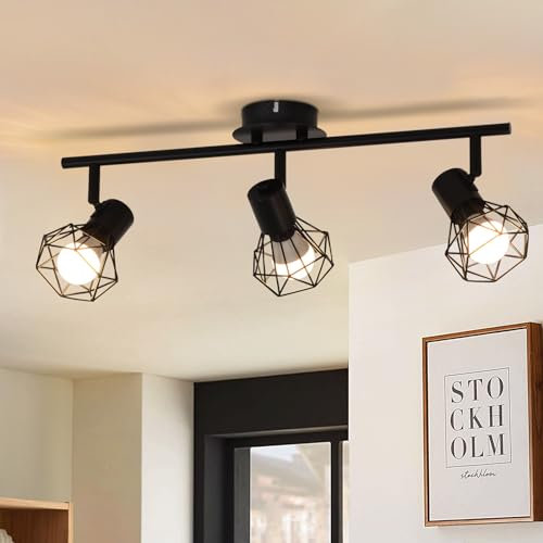 Glitzerlife Deckenstrahler 3 Flammig Deckenspots Schwarz - Deckenleuchte E14 Retro Schwenkbar 350°Deckenlampe Industrial Metall für Schlafzimmer Wohnzimmer Arbeitszimmer Flur Küche Keine Leuchtmittel