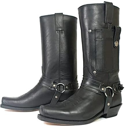 Western Cowboy Boots - Uomo Square Toe Boots - Medieval PU Leather Low Heel Mid Tube Knights Boots per Cosplay,Nero,43