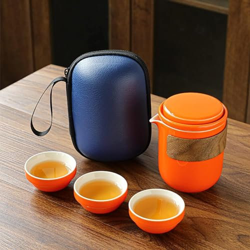 LeGDOr Set di mini teiera da viaggio in ceramica cinese fatta a mano, 1 pentola, 3 tazze da tè in porcellana, con borsa portatile, per picnic all'aperto, hotel, lavoro, arancione