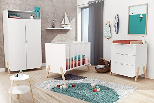 AT4 - Kinderzimmerbett + Kommode mit 3 Schubladen und Kleiderschrank aus Holz PIRATE | Babybett 60x120 |. Kleiderschrank 6 Regale, davon 4 verstellbar und ein Kleiderschrank | Wickeltisch inklusive