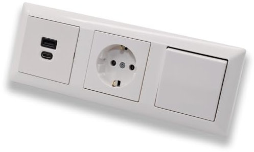 EBROM USB-C und USB-A Unterputz Steckdose/Lader, 45+15 Watt Leistung, Schnellladefunktion für Wearables, Smartphones Tablets + Jung Wippschalter 506U + Steckdose A1520WW AS500 alpinweiß glänzend