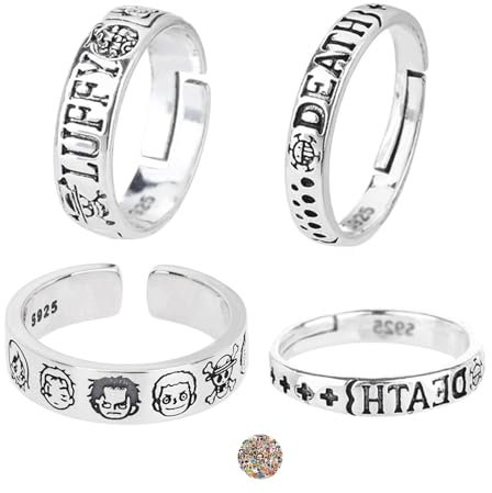 Zaky One P. Ringe Anime Style Trafalgar R. Verstellbarer Band Ring Strohhut Luffy Ring Cosplay Zubehör Set mit Charakter Aufkleber 14 Stück