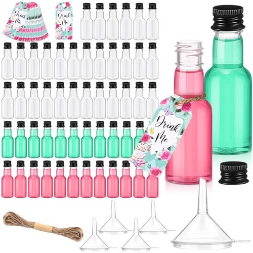 FoldTier Mini-Likörflaschen, leere Kunststoff-Schnapsflaschen mit schwarzen Metallkappen, Mini-Alkoholflaschen mit 5 Trichtern, 50 Drink Me Tags und 10 m Seilen für Teeparty, Geburtstag, 50 Stück, 28