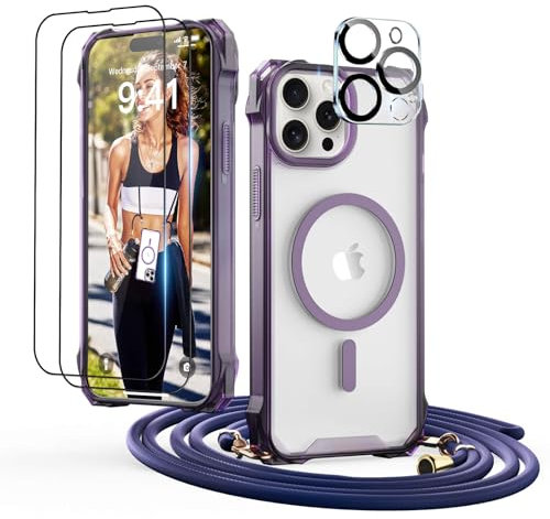GUtttGU Handykette für iPhone 12 Pro Max Hülle mit Band mit 2 Displaychutzfolie Panzerglas + 2 Kamera Schutzfolie Klar Handyhülle Kompatibel mit Magsafe Schutzhülle Case für iPhone 12 Pro Max Violett